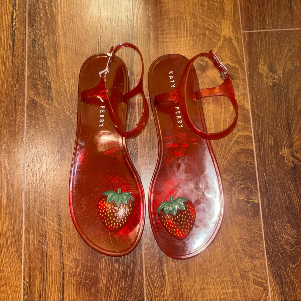 Katy Perry Collections Red Strawberry Jelly Sandals Sz 11 measured